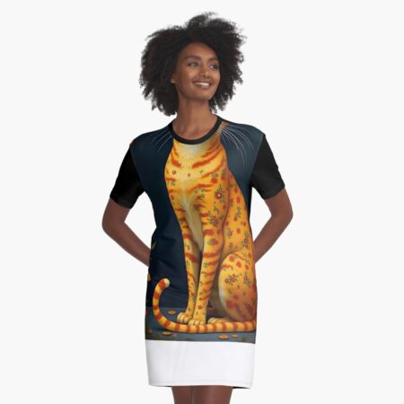 Everybody wants to be a cat...Floral Patterned Ginger Cat with Marigolds Graphic T-Shirt Dress